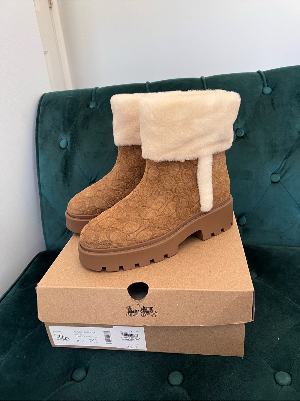 Coach Women's Chunky Sherpa Bootie Signature Suede Tobacco Size 8 NWT